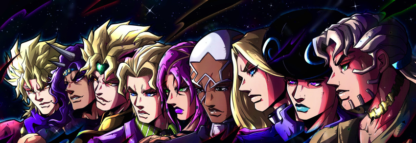 6+boys absurdres acca_howler araki_hirohiko_(style) battle_tendency beard black_eyes black_necktie blonde_hair blue_eyes blue_lips brown_shirt buzz_cut closed_mouth coat collared_shirt colored_eyelashes dark-skinned_male dark_skin diamond_wa_kudakenai diavolo dio_brando earrings english_commentary enrico_pucci facial_hair fangs frown funny_valentine green_eyes green_headband green_shirt grey_hair grin group_picture headband highres horns in-franchise_crossover jacket jewelry jojo_no_kimyou_na_bouken jojolion kars_(jojo) kira_yoshikage long_hair makeup male_focus messy_hair multiple_boys necklace necktie noonvincent parted_lips phantom_blood pink_coat pink_hair ponytail purple_hair purple_jacket purple_lips purple_scarf purple_shirt red_shirt scarf serious shirt short_hair sky smile star_(sky) stardust_crusaders starry_sky steel_ball_run stone_ocean striped_clothes striped_shirt teeth the_jojolands time_paradox tooru_(jojolion) vampire vento_aureo very_short_hair violet_eyes white_eyelashes white_hair yellow_eyes