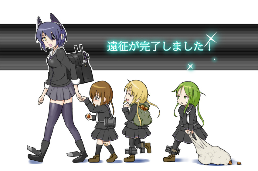 1girl 4girls acorn backpack bag bandages black_legwear blonde_hair blush breasts brown_eyes brown_hair crescent eyepatch fumizuki_(kantai_collection) green_eyes green_hair hands_together headgear holding_hands kantai_collection long_hair looking_back looking_down multiple_girls nagatsuki_(kantai_collection) open_mouth personification purple_hair sack satsuki_(kantai_collection) school_uniform serafuku short_hair skirt smile tears tenryuu_(kantai_collection) thigh-highs twintails yellow_eyes young