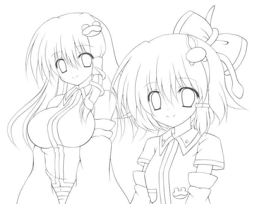 2girls bow breasts child detached_sleeves frog frog_hair_ornament hair_ornament highres impossible_clothes impossible_shirt kochiya_sanae large_breasts lineart long_hair midriff monochrome multiple_girls navel osashin_(osada) short_hair smile snake touhou