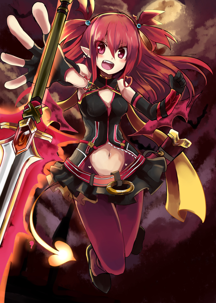 absurdres belt elbow_gloves fang fingerless_gloves gloves haik highres long_hair miniskirt navel original pantyhose pointy_ears red_eyes redhead skirt sword tail twintails two_side_up weapon