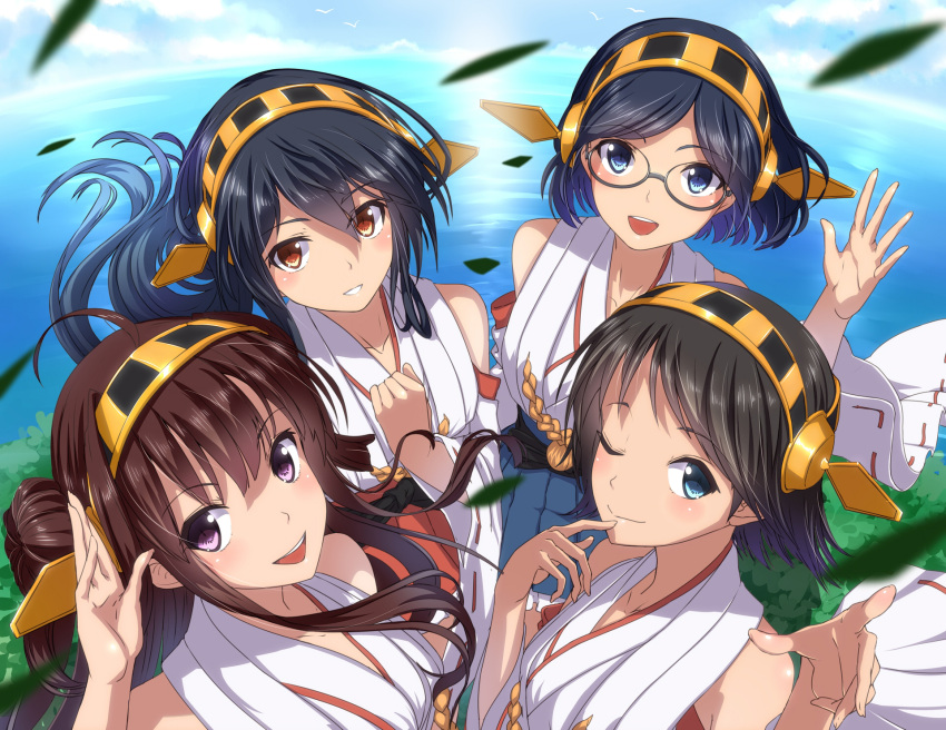 bare_shoulders black_hair blue_eyes blush brown_hair detached_sleeves glasses hairband haruna_(kantai_collection) headgear hiei_(kantai_collection) highres japanese_clothes kantai_collection kirishima_(kantai_collection) kongou_(kantai_collection) long_hair multiple_girls open_mouth personification red_eyes short_hair smile touboku violet_eyes waving wind wink