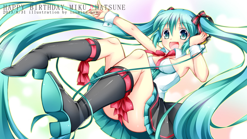 1girl 2013 :d aqua_eyes aqua_hair artist_name boots bowtie character_name collar dated hair_ribbon hand_on_headphones happy_birthday hatsune_miku headphones high_heels highres inumine_aya knee_boots long_hair open_mouth outstretched_arm pointing ribbon sitting skirt smile solo twintails very_long_hair vocaloid wrist_cuffs
