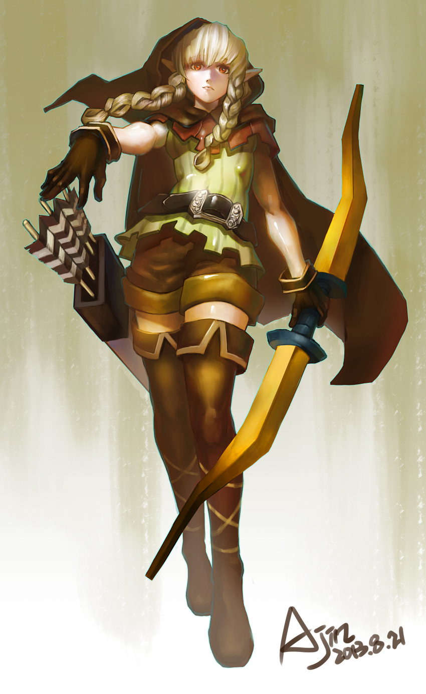 1girl absurdres ajin arrow belt boots bow_(weapon) braid cloak cross-laced_footwear dragon's_crown elf elf_(dragon's_crown) foreshortening full_body gloves highres hood pointy_ears quiver red_eyes shorts sleeveless solo thigh-highs thigh_boots tunic twin_braids weapon