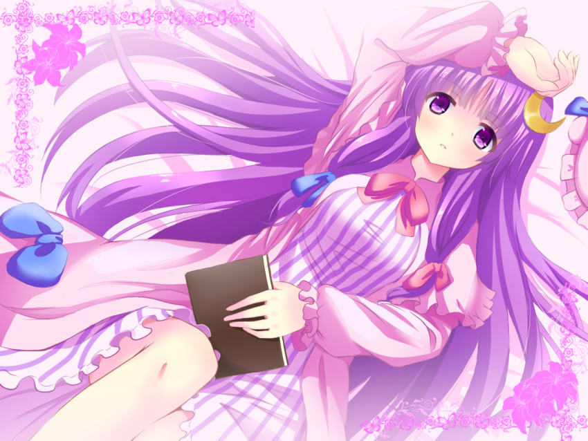 1girl arm_up capelet crescent dress flower hair_ornament hakuto_(28syuku) hat hat_removed headwear_removed long_hair long_sleeves looking_at_viewer lying on_back open_clothes open_coat patchouli_knowledge purple_dress purple_hair solo striped striped_dress touhou very_long_hair violet_eyes