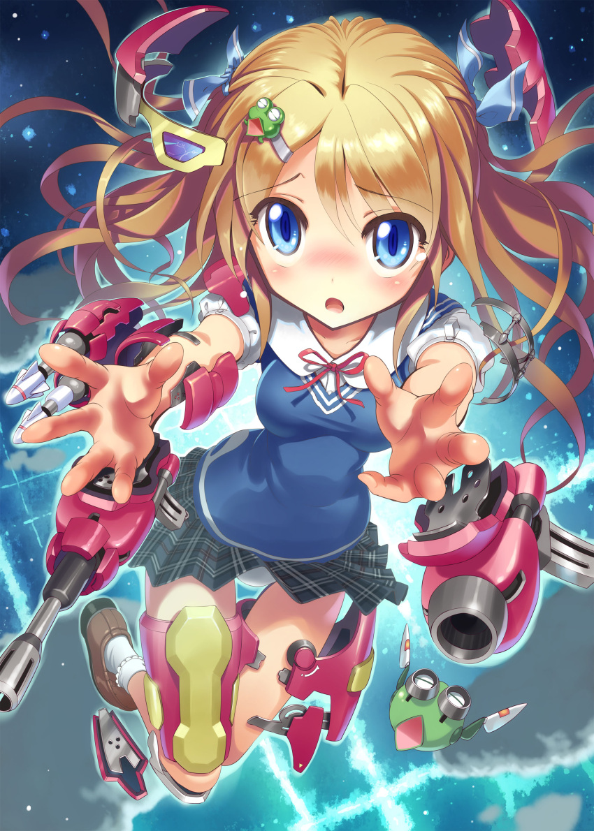1girl absurdres armor blonde_hair blue_eyes blush cannon city_lights clouds female flying frog_hair_ornament hair_ornament hair_ribbon highres kankurou long_hair looking_at_viewer mecha_musume open_mouth original outstretched_arms panties pantyshot ribbon rocket_launcher school_uniform shirt short_sleeves skirt sky solo transformation twintails underwear very_long_hair weapon white_panties