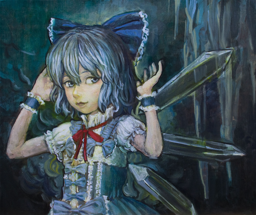 1girl blue_background blue_eyes blue_hair bodice bow cirno embellished_costume hair_bow hands_up highres lips looking_at_viewer oil_painting_(medium) ribbon short_hair short_sleeves solo stalactite touhou traditional_media tsun_(tsutaya01) wings wrist_cuffs