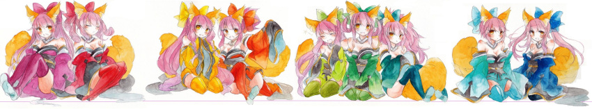 6+girls absurdres animal_ears bow caster_(fate/extra) detached_sleeves fate/extra fate_(series) fina_(sa47rin5) fox_ears fox_tail hair_bow highres japanese_clothes long_image multiple_girls multiple_persona palette_swap pink_hair tail traditional_media watercolor_(medium) wide_image