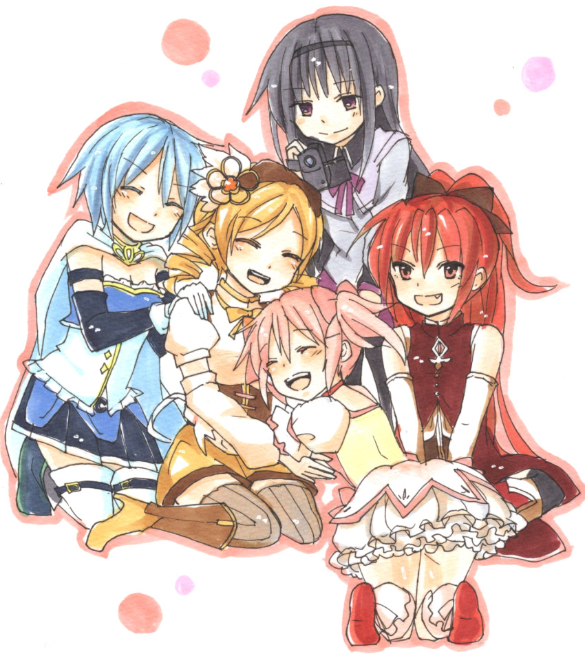 5girls :d ^_^ akemi_homura bare_shoulders beret black_hair black_legwear blonde_hair blue_hair braid camcorder capelet closed_eyes fang hair_ornament hair_ribbon hairband hat highres hug indian_style kaname_madoka long_hair mahou_shoujo_madoka_magica miki_sayaka multiple_girls open_mouth pink_hair pointy_ears red_eyes redhead ribbon sakura_kyouko seiza short_hair sitting skirt smile thigh-highs tomoe_mami twin_braids twintails violet_eyes wariza white_legwear yuragiyura