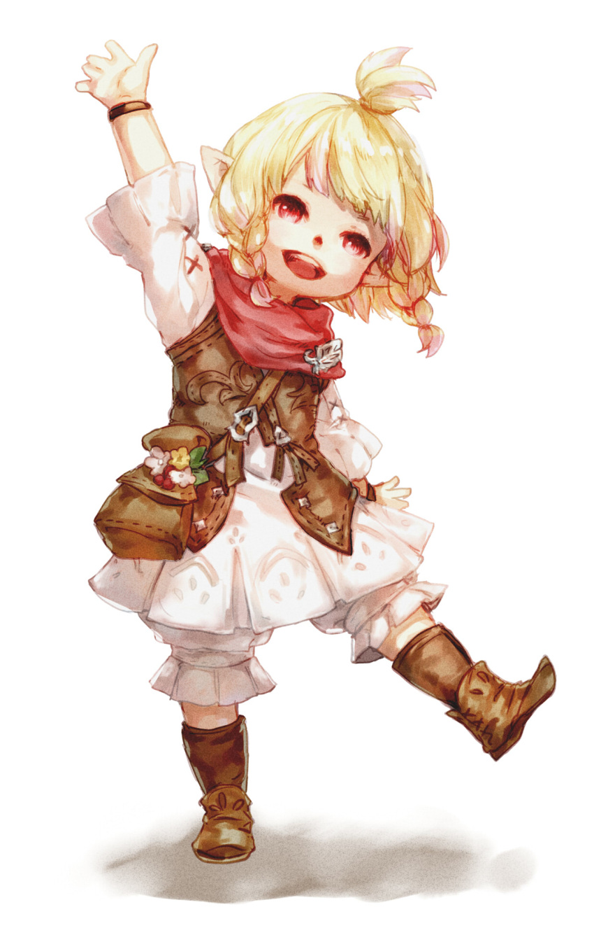 ameiro blonde_hair boots bracelet braid final_fantasy final_fantasy_xiv flower highres jewelry lalafell neckerchief open_mouth pointy_ears pouch red_eyes skirt smile standing_on_one_leg topknot twin_braids waving