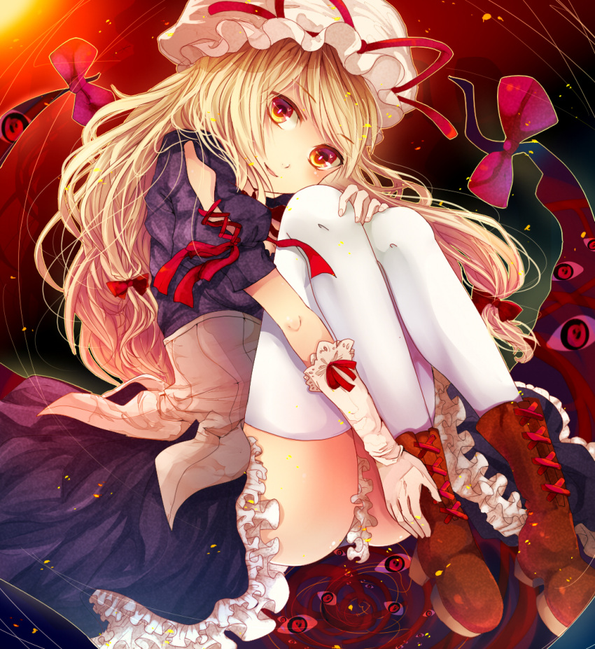 1girl alternate_costume ass blonde_hair blush boots curiosities_of_lotus_asia frills gap gloves hat hat_ribbon highres long_hair looking_at_viewer mob_cap open_mouth puffy_sleeves renkarua ribbon short_sleeves sitting skirt skirt_flip smile solo thighhighs touhou upskirt white_legwear yakumo_yukari yellow_eyes zettai_ryouiki