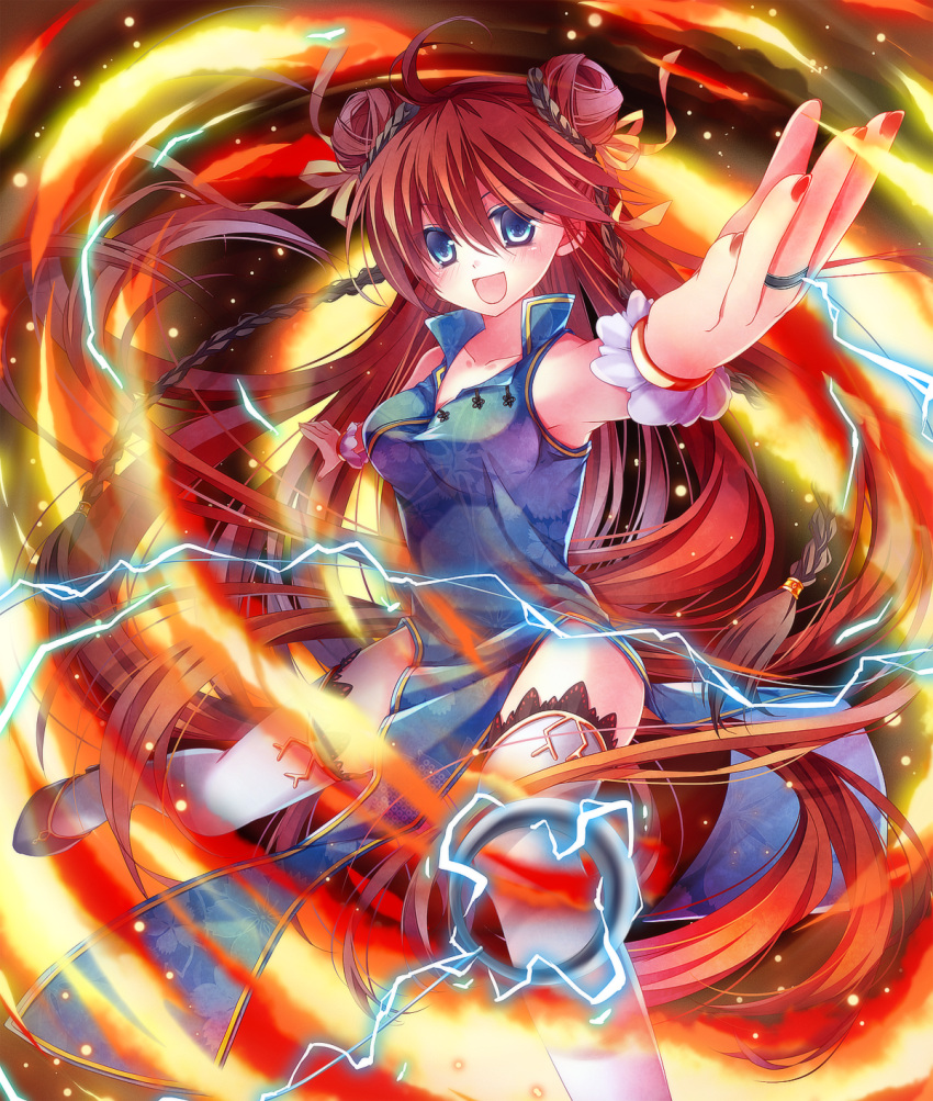1girl blue_eyes braid breasts china_dress chinese_clothes collarbone double_bun dress flame floral_print hair_bun highres jewelry long_hair looking_at_viewer mikazuki_sara open_mouth original outstretched_arms redhead ring side_slit sleeveless sleeveless_dress smile solo sparks spread_legs string thighhighs twin_braids very_long_hair white_legwear wrist_cuffs zettai_ryouiki