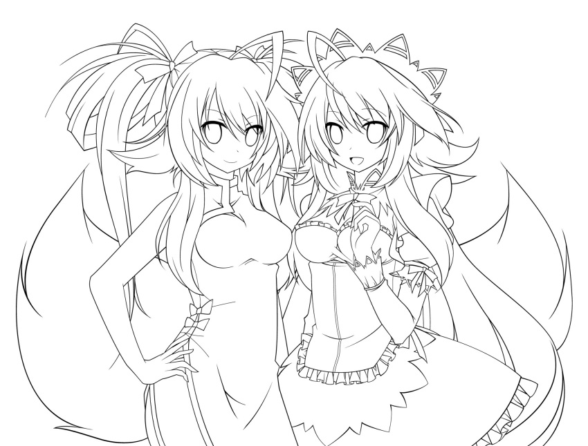 2girls ahoge breasts china_dress chinese_clothes fox_tail gothic_lolita highres lineart lolita_fashion long_hair looking_at_viewer maid monochrome multiple_girls open_mouth original ribbon smile syno tail twintails
