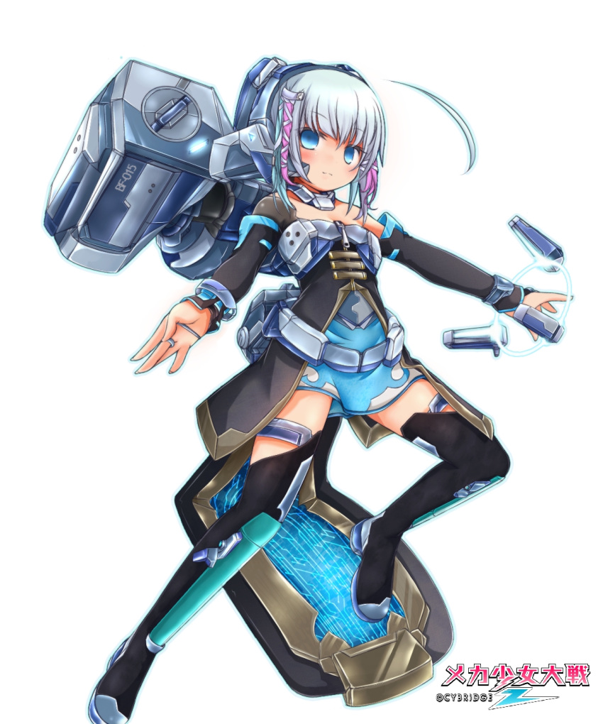 ahoge akino_coto blue_eyes blue_hair blush boots copyright_name detached_sleeves empty_eyes highres jewelry mecha_musume mecha_shoujo_taisen_z ring short_hair skirt thigh-highs thigh_boots watermark white_background