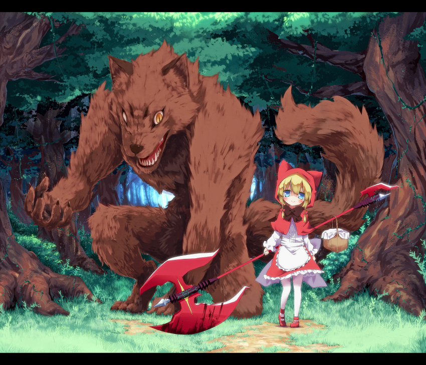 1girl animal apron ayakashi_(monkeypanch) basket battle_axe blonde_hair blood bloody_weapon blue_eyes bow braid capelet fangs forest grass hat hat_with_ears highres hood huge_weapon letterboxed little_red_riding_hood little_red_riding_hood_(grimm) long_sleeves looking_at_viewer nature original oversized_animal red_eyes red_shoes shoes smile tree twin_braids vines weapon wolf