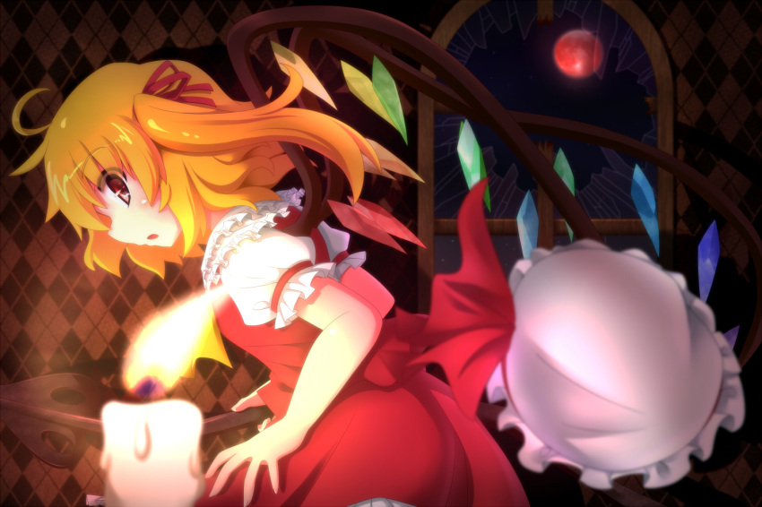 1girl argyle ascot blonde_hair candle flandre_scarlet full_moon hat hat_removed headwear_removed laevatein moon open_mouth red_eyes red_moon ryuu_(multitask) short_hair side_ponytail solo touhou wings