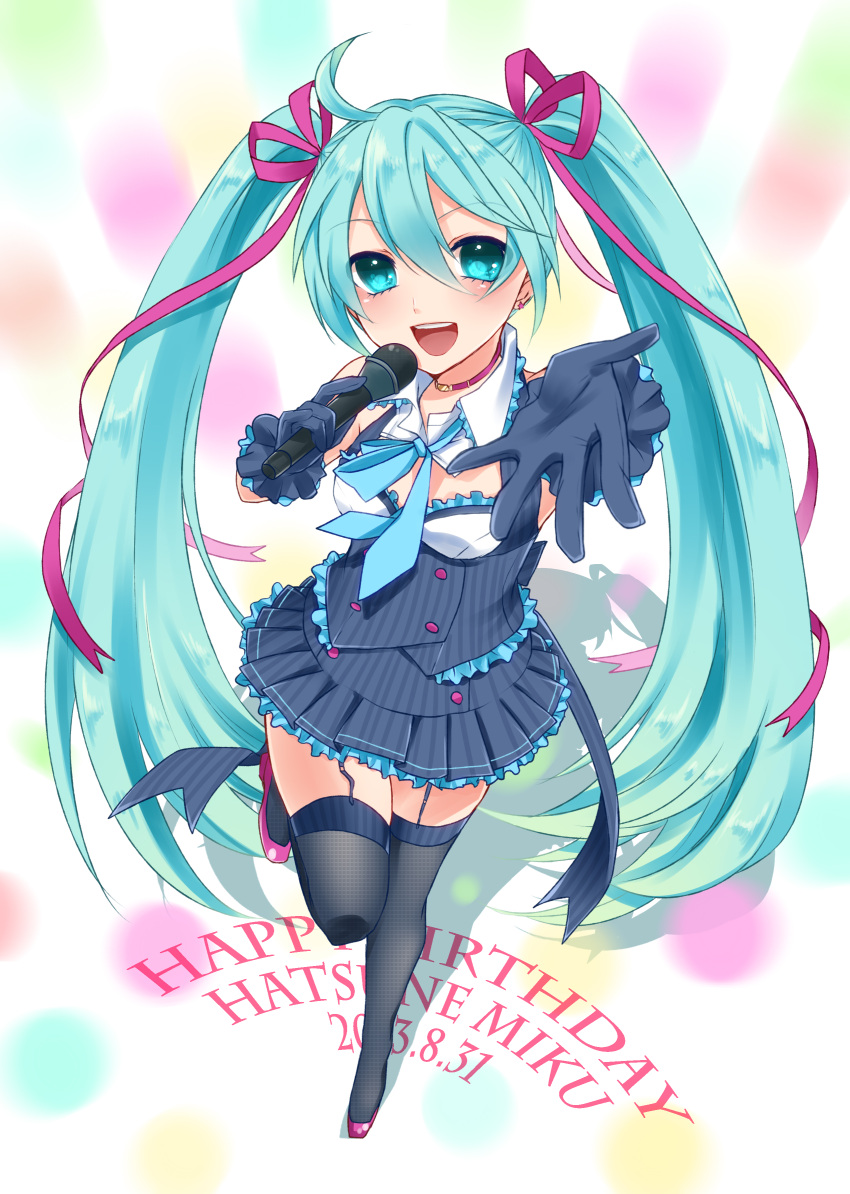 1girl 2013 absurdres ahoge aqua_eyes aqua_hair character_name choker dated earrings garter_straps gloves hair_ribbon happy_birthday hatsune_miku highres jewelry long_hair microphone open_mouth outstretched_arm ribbon skirt solo standing_on_one_leg thighhighs twintails very_long_hair vocaloid yayoi_(egoistic_realism)