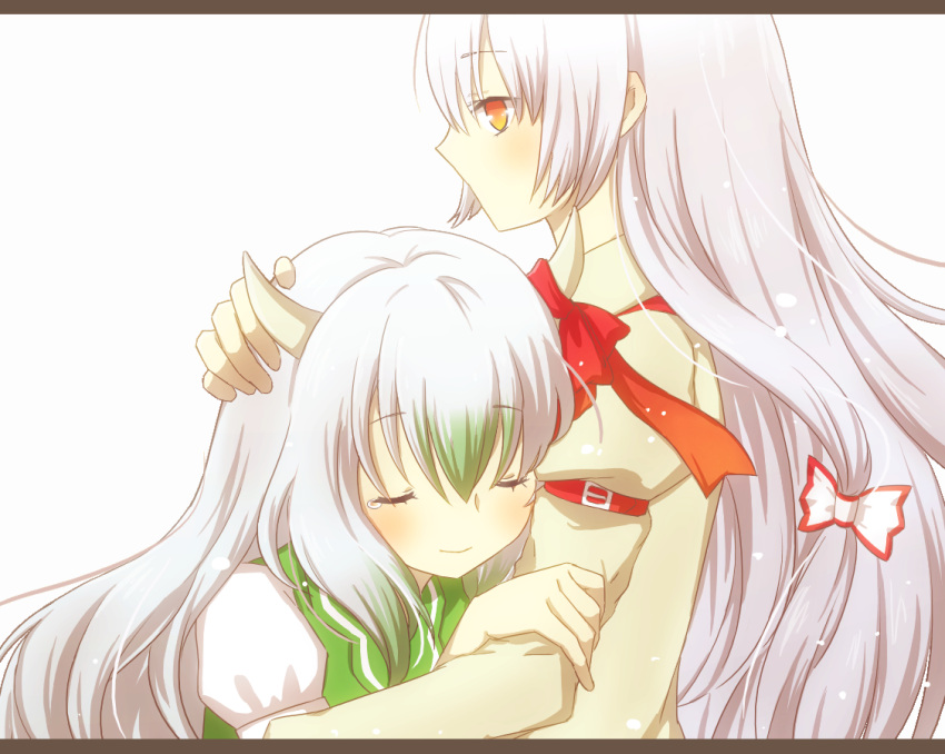 2girls armband bow closed_eyes ex-keine fujiwara_no_mokou hair_bow hand_on_another's_head holding_arm horn_ribbon horns kamishirasawa_keine leaning_on_person letterboxed long_hair long_sleeves multicolored_hair multiple_girls no_mouth onaga profile puffy_short_sleeves puffy_sleeves red_eyes ribbon short_sleeves silver_hair smile tears touhou very_long_hair white_background