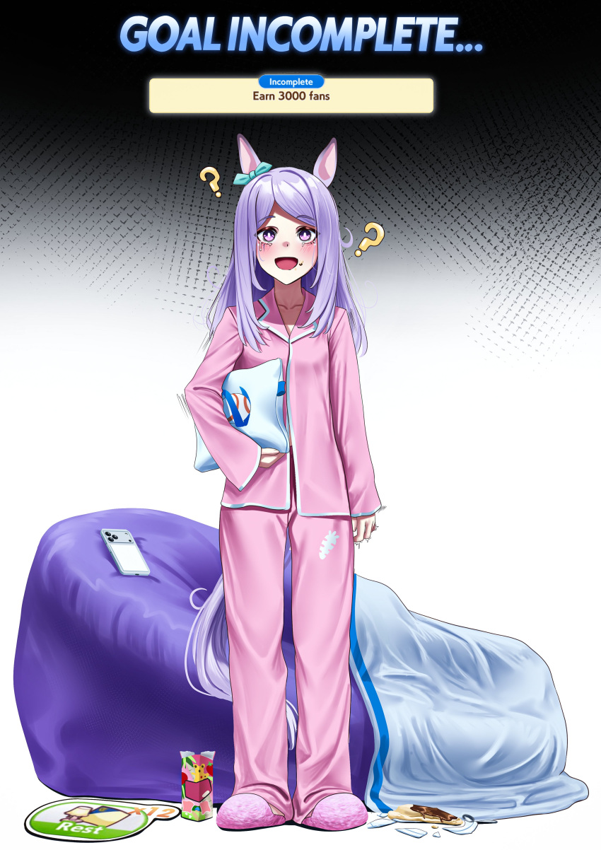 1girl ? absurdres alternate_costume animal_ears bow ear_bow ear_ribbon full_body gameplay_mechanics highres holding holding_pillow horse_ears horse_girl horse_tail manjo_(warito) mejiro_mcqueen_(umamusume) open_mouth pajamas pillow pink_pajamas purple_hair slippers solo standing tail umamusume violet_eyes