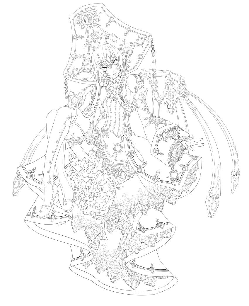 1girl absurdres androgynous ascot boots brooch dress flat_chest frills hat head_tilt headdress highres jewelry lace lineart looking_at_viewer monochrome osamu_(jagabata) seth_nightroad short_hair sitting smile solo thigh-highs thigh_boots trinity_blood
