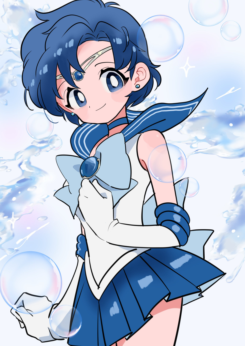 1girl absurdres back_bow bishoujo_senshi_sailor_moon blue_brooch blue_choker blue_eyes blue_gemstone blue_hair blue_sailor_collar blue_skirt blush bow bubble choker circlet earrings elbow_gloves gem gloves highres hydrokinesis jewelry kodama_(marugoto_omikan) looking_at_viewer mizuno_ami sailor_collar sailor_mercury sailor_senshi_uniform short_hair skirt smile solo stud_earrings thighs water white_gloves