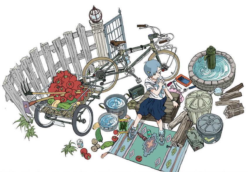 1girl ankle_socks aoi_zero bicycle blue_hair box bucket drinking fence from_above gate grass hair_ornament hoe lamppost looking_away original potato radio rug school_uniform screwdriver serafuku shoes short_hair sitting sneakers soda_can solo squash tomato toolbox tools trash_can watch water well wood worktool wrench
