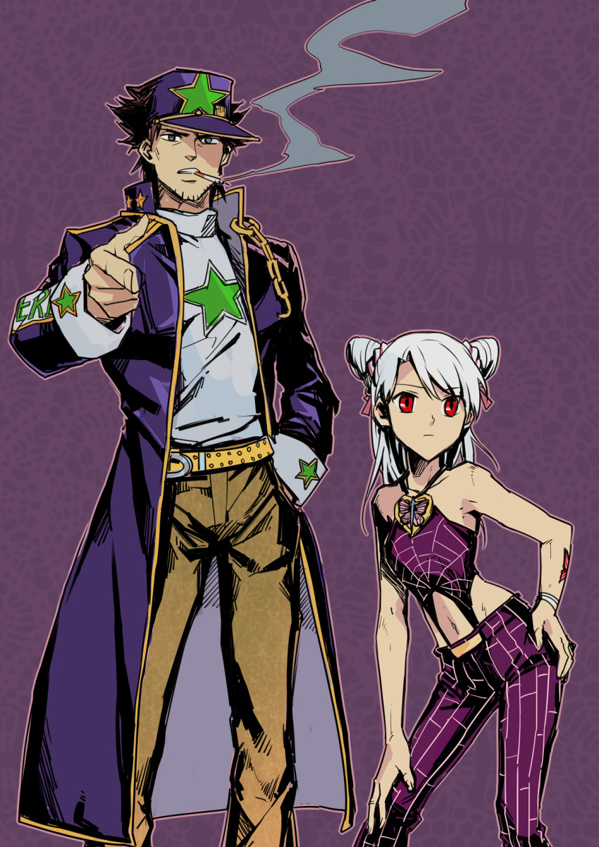 1boy 1girl black_hair chain cigarette cosplay double_bun emiya_kiritsugu fate/zero fate_(series) father_and_daughter hat highres illyasviel_von_einzbern jojo_no_kimyou_na_bouken kuujou_jolyne kuujou_jolyne_(cosplay) kuujou_joutarou kuujou_joutarou_(cosplay) linjie long_coat long_hair pointing posing red_eyes smoking snakeskin_print tattoo