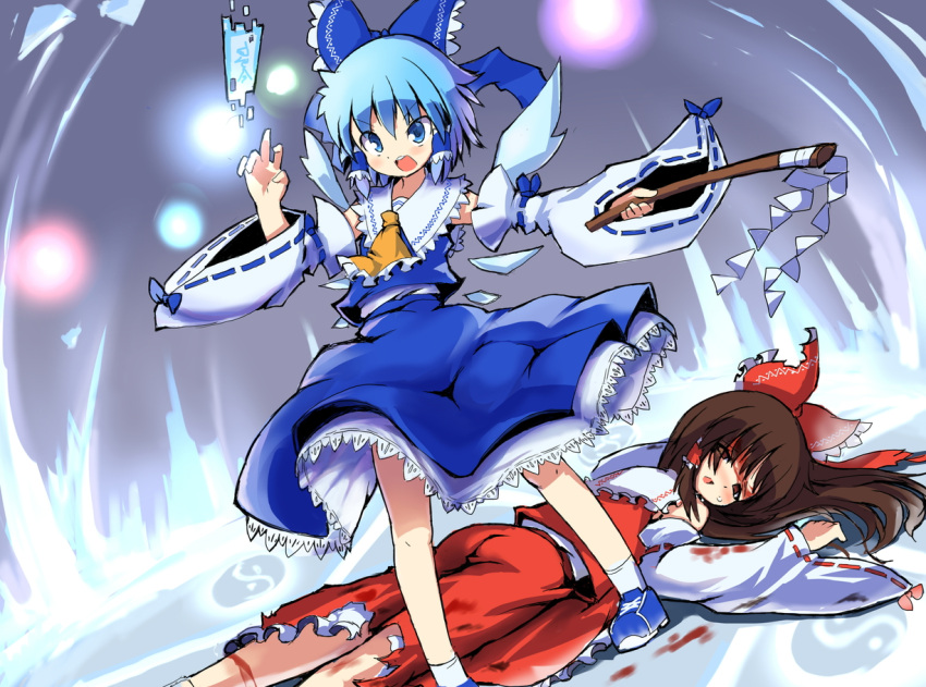2girls ankle_socks arm_up ascot blood bloody_clothes blue_eyes blue_hair bow brown_eyes brown_hair cirno cosplay detached_sleeves empty_eyes gohei gradient gradient_background hair_bow hair_tubes hakkotsu_shitai hakurei_reimu hakurei_reimu_(cosplay) ice light_particles long_hair looking_at_viewer lying multiple_girls ofuda on_stomach open_mouth outstretched_arm shoes short_hair skirt skirt_set sneakers touhou wings