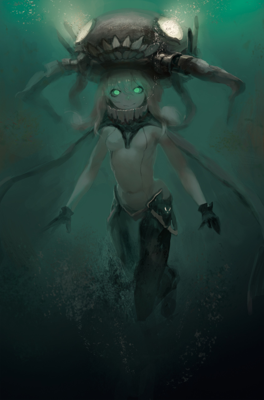 1girl attall black_gloves black_sclera blonde_hair bodysuit character_request clothed_navel gloves glowing glowing_eyes green_eyes headgear highres kantai_collection long_hair small_breasts smile solo underwater