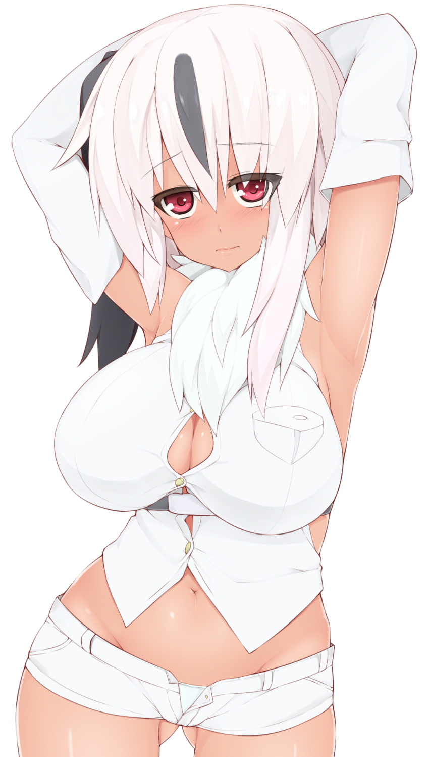 1girl absol black_hair blush breasts dark_skin highres large_breasts long_hair multicolored_hair natsuki_straight navel personification pokemon pokemon_(game) red_eyes short_shorts shorts side_ponytail simple_background solo white_background white_hair