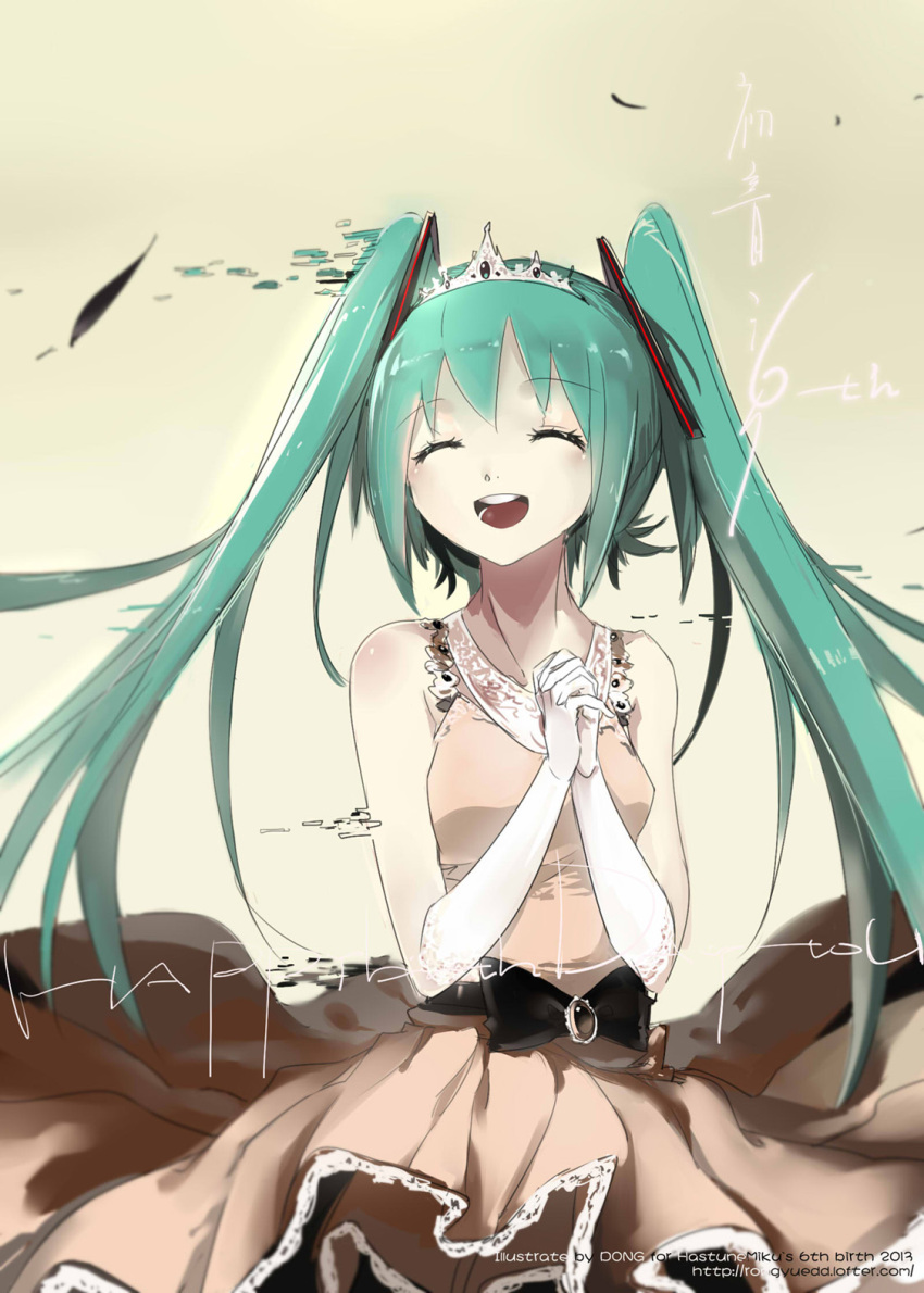 1girl aqua_hair closed_eyes elbow_gloves gloves hands_clasped hatsune_miku highres long_hair rongyuedd solo twintails vocaloid