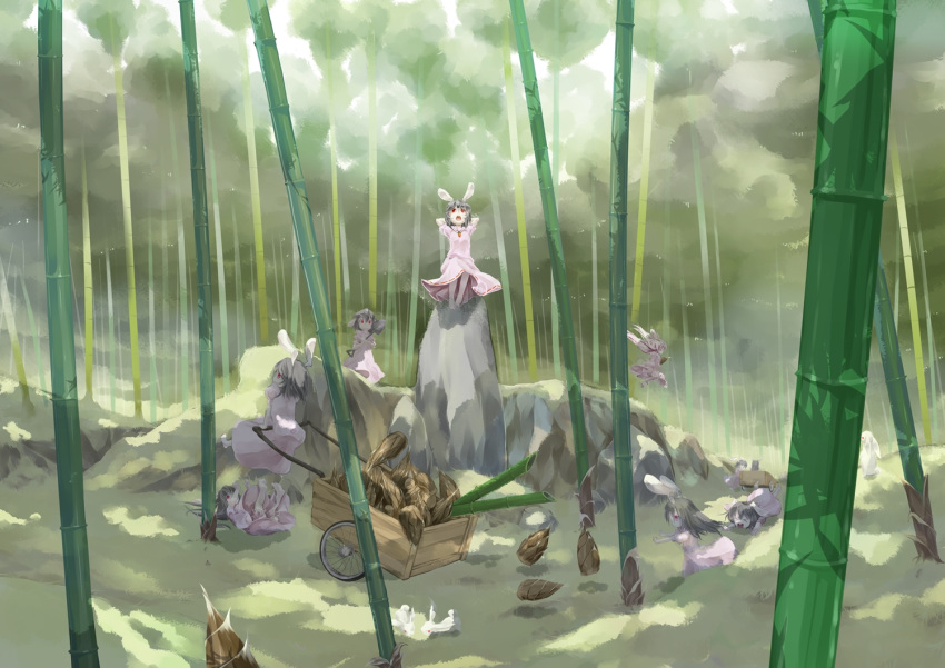 6+girls animal_ears arms_behind_head arms_up bamboo bamboo_forest bamboo_shoot black_hair bunny_girl carrot dress extra forest inaba_tewi jewelry jumping legs_up multiple_girls murachiki nature on_back pendant rabbit rabbit_ears red_eyes rock short_hair shovel sitting_on_object touhou tripping wheelbarrow worktool