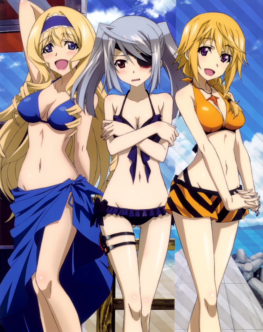 3girls absurdres bikini breast_hold breasts cecilia_alcott charlotte_dunois cleavage duplicate eyepatch garters hashimoto_takayoshi highres infinite_stratos laura_bodewig multiple_girls swimsuit tame