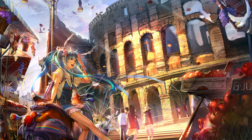 apple aqua_eyes aqua_hair arm_support bird bracelet building colosseum flower food fruit hair_flower hair_ornament hatsune_miku highres jewelry liduke long_hair motor_vehicle motorcycle necklace open_mouth petals real_world_location rome scooter sitting sky smile twintails vehicle very_long_hair vespa vocaloid