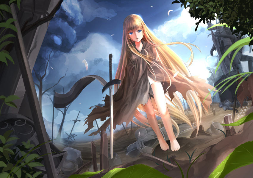 1girl barefoot blonde_hair blue_eyes cape dutch_angle evangeline_a_k_mcdowell fangs feathers field_of_blades flat_chest highres long_hair mahou_sensei_negima! naked_cape rayxray solo statue sword uq_holder! vampire very_long_hair walking weapon