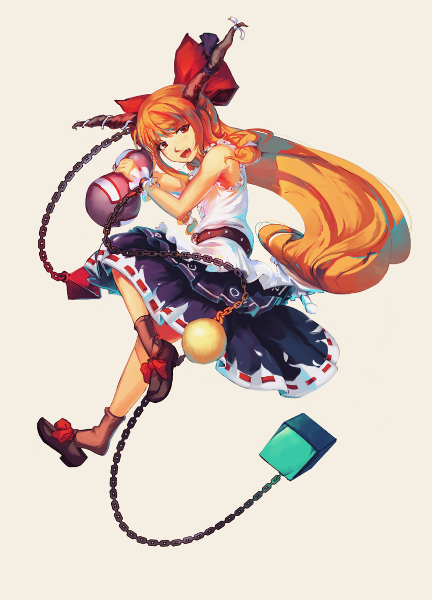1girl ball_and_chain bow chain colored doomfest fang gourd hair_bow highres horn_ribbon horns ibuki_suika long_hair long_skirt low-tied_long_hair orange_hair pleated_skirt red_eyes ribbon shoe_dangle sketch skirt sleeveless socks solo touhou very_long_hair wrist_cuffs