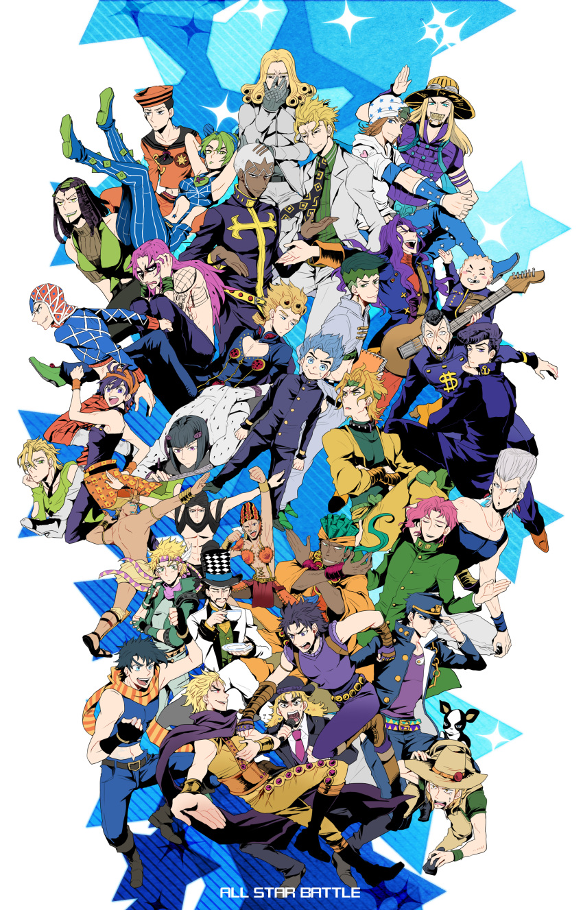 &gt;:d 2girls 6+boys :d :o absurdres bare_shoulders beanie beard black_hair blonde_hair blue_eyes boots bowler_hat braid brown_eyes brown_hair bruno_bucciarati caesar_anthonio_zeppeli cars_(jojo) chin_rest crop_top dark_skin diavolo dio_brando dixie_cup_hat dog double_bun earrings enrico_pucci esidisi everyone facial_hair facial_mark fang fingerless_gloves fist_pump flexing formal funny_valentine gakuran giorno_giovanna gloves green_eyes green_hair guido_mista gyro_zeppeli hat headband heart higashikata_jousuke higashikata_jousuke_(jojolion) highres hirose_kouichi hol_horse hoodie iggy_(jojo) jean_pierre_polnareff jewelry johnny_joestar jojo_no_kimyou_na_bouken jojolion jonathan_joestar joseph_joestar_(young) kakyouin_noriaki kira_yoshikage kishibe_rohan knee_boots kuujou_jolyne kuujou_joutarou ladybug lip_piercing lipstick long_hair makeup male_underwear midriff mohammed_avdol multicolored_hair multiple_belts multiple_boys multiple_girls narancia_ghirga navel necktie nijimura_okuyasu nose_piercing nose_ring open_mouth otoishi_akira pannacotta_fugo piercing pink_hair pompadour posing red_eyes robert_eo_speedwagon sailor scarf school_uniform skin_tight sleeveless smile steel_ball_run striped striped_scarf sudachips suit top_hat two-tone_hair wham will_anthonio_zeppeli wink yangu_shigekiyo