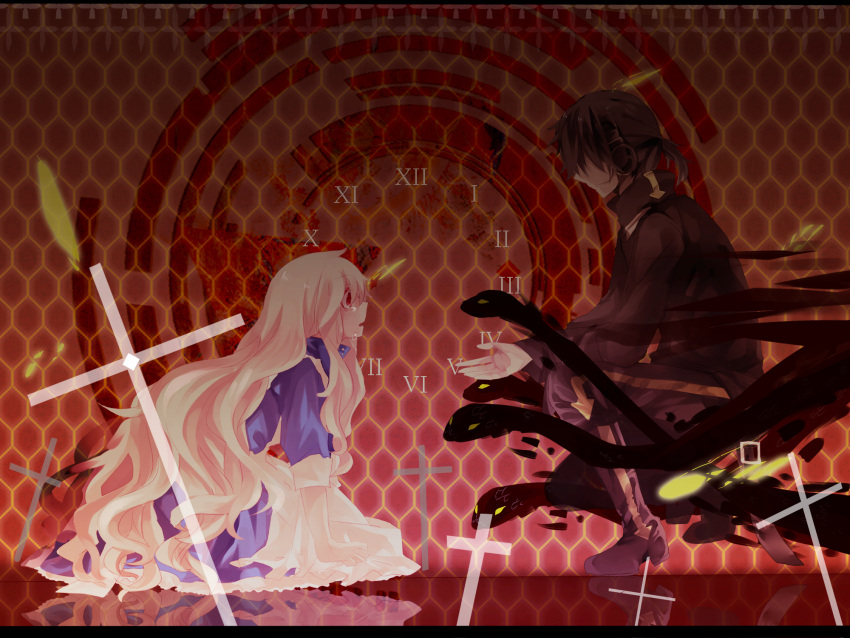 1boy 1girl aki_(a2006p1074) black_hair blonde_hair clock cross directional_arrow dress headphones highres honeycomb_background kagerou_project konoha_(kagerou_project) long_hair mary_(kagerou_project) open_mouth outer_science_(vocaloid) red_eyes roman_numerals scarf short_hair smile snake tears yellow_eyes