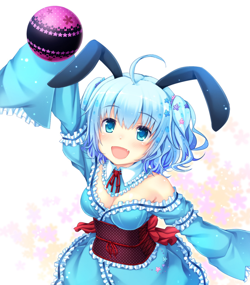 1girl ahoge animal_ears ball bare_shoulders blue_eyes blue_hair blush breasts cleavage fang highres long_sleeves momoiro_taisen_pairon namaru_(summer_dandy) open_mouth rabbit_ears short_hair sleeves_past_wrists smile solo