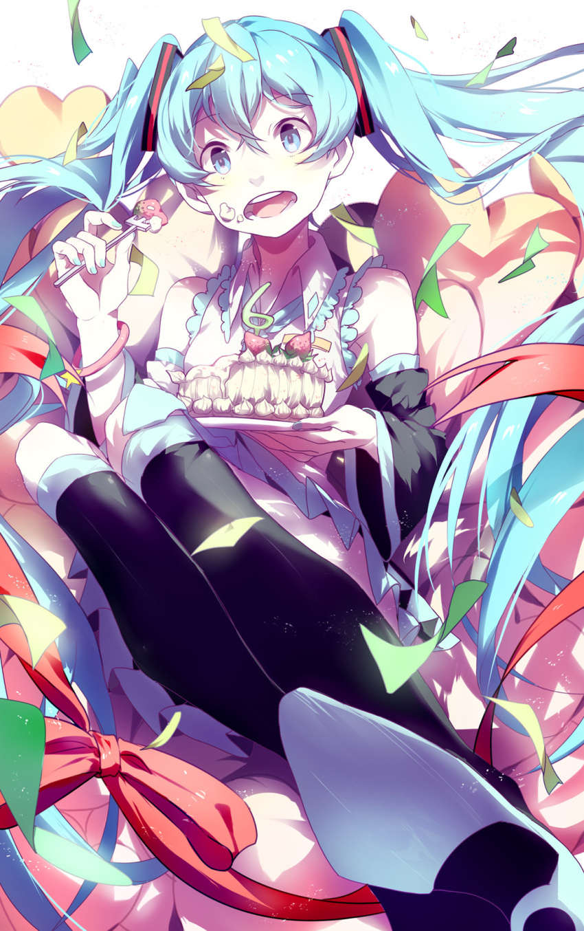 1girl aqua_hair blue_eyes boots cake detached_sleeves eating food fork hatsune_miku highres knee_boots kneehighs long_hair open_mouth rosele sitting skirt solo twintails very_long_hair vocaloid