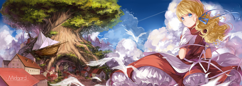 1girl apron bird blue_eyes blue_shoes clouds dress dress_lift fantasy giant_tree hair_ribbon highres house long_hair looking_at_viewer looking_back original oversized_object petticoat red_dress ribbon ship shirt short_sleeves solo town tree turning waist_apron wavy_hair wind_lift xiao_zhangyu