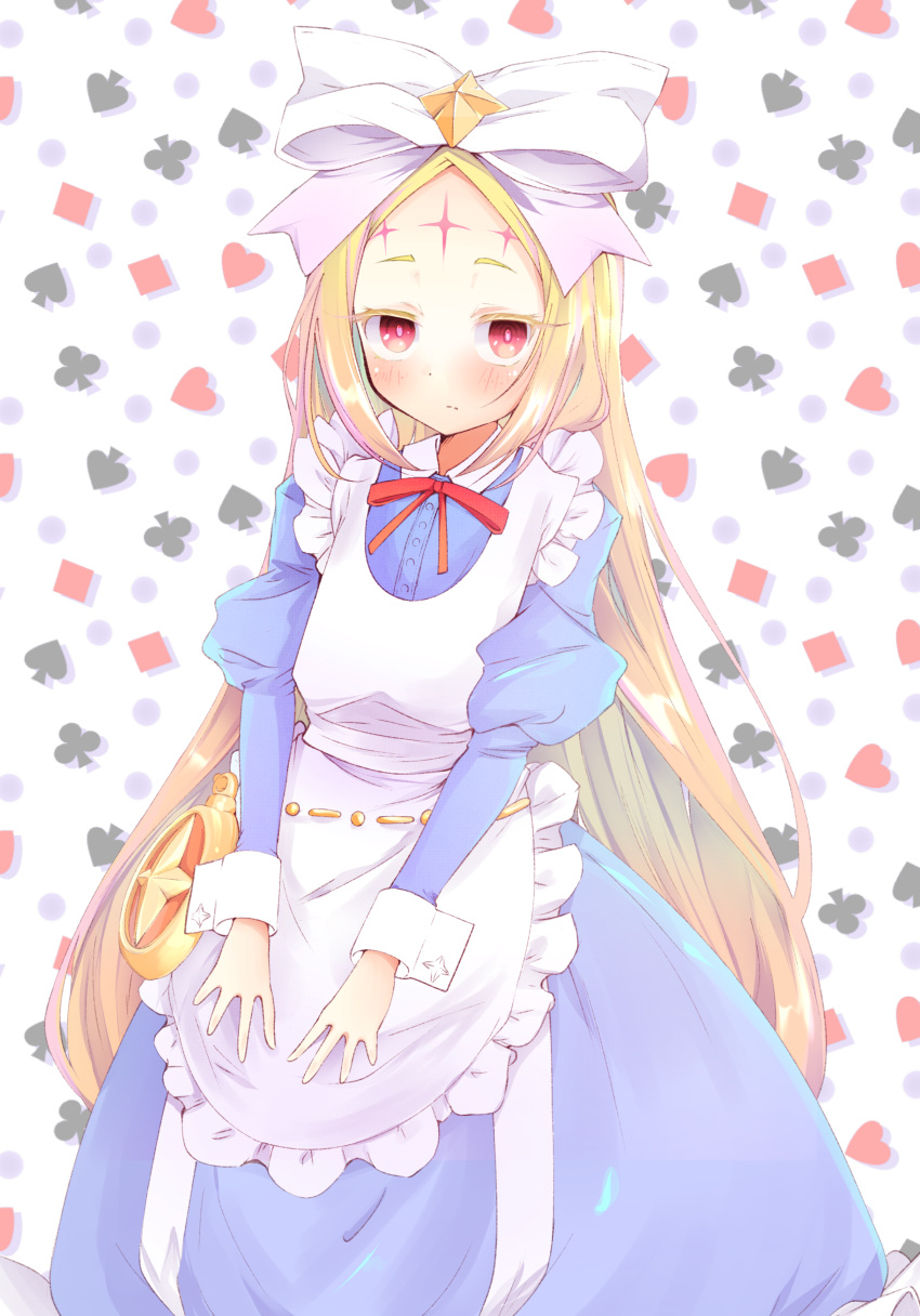 1girl absurdres apron blonde_hair blue_dress blush closed_mouth dress flat_chest forehead_tattoo hair_ribbon highres juliet_sleeves kemotaiyou large_ribbon long_hair long_sleeves looking_at_viewer mahou_shoujo_ni_akogarete morino_korisu nero_alice puffy_sleeves red_eyes ribbon solo tattoo thick_eyelashes very_long_hair white_apron white_ribbon