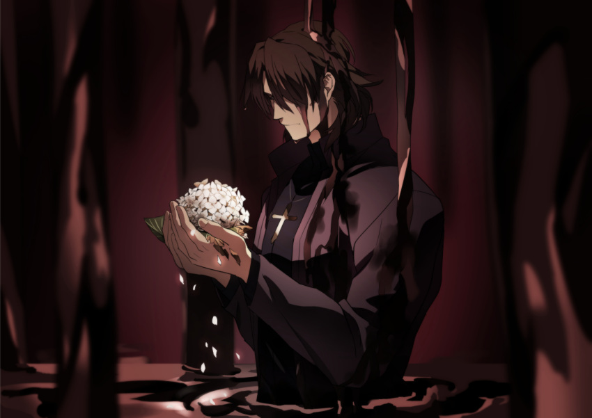 1boy brown_hair cross cross_necklace fate/stay_night fate_(series) flower hydrangea jewelry kotomine_kirei mud necklace partially_submerged sexy44 solo