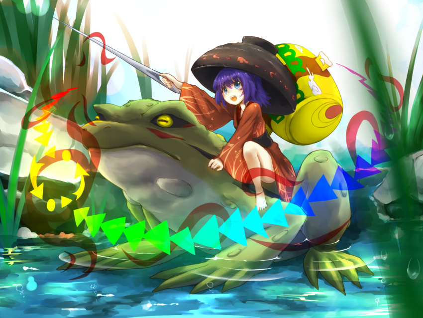 1girl barefoot bowl cheungchz feet_in_water frog hat highres japanese_clothes mallet minigirl needle open_mouth purple_hair riding short_hair smile soaking_feet sukuna_shinmyoumaru touhou violet_eyes water