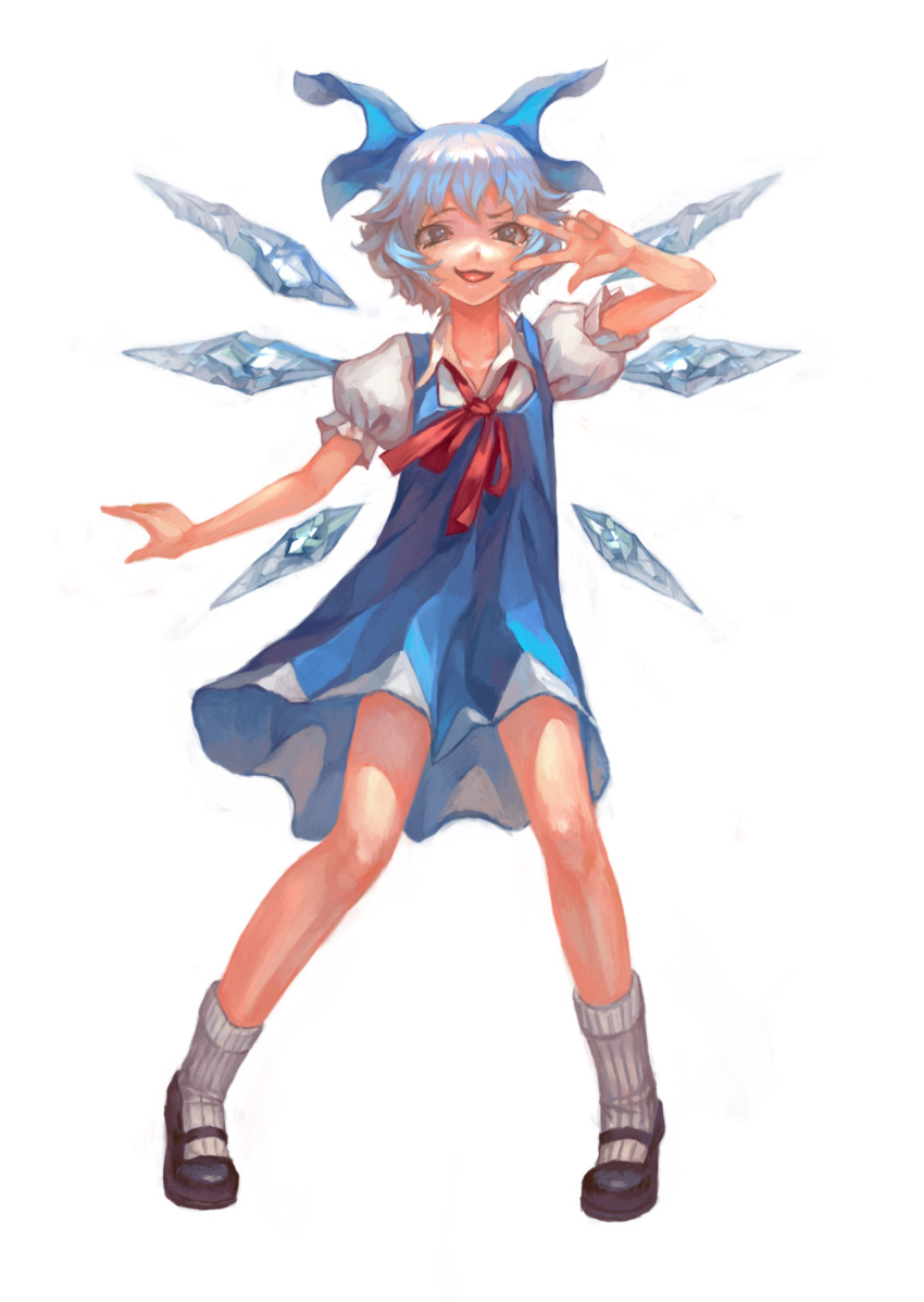 1girl absurdres blue_dress blue_eyes blue_hair bow catsila cirno dress flat_chest hair_bow highres ice ice_wings mary_janes puffy_short_sleeves puffy_sleeves ribbon shoes short_hair short_sleeves socks solo touhou v_over_eye white_background wings