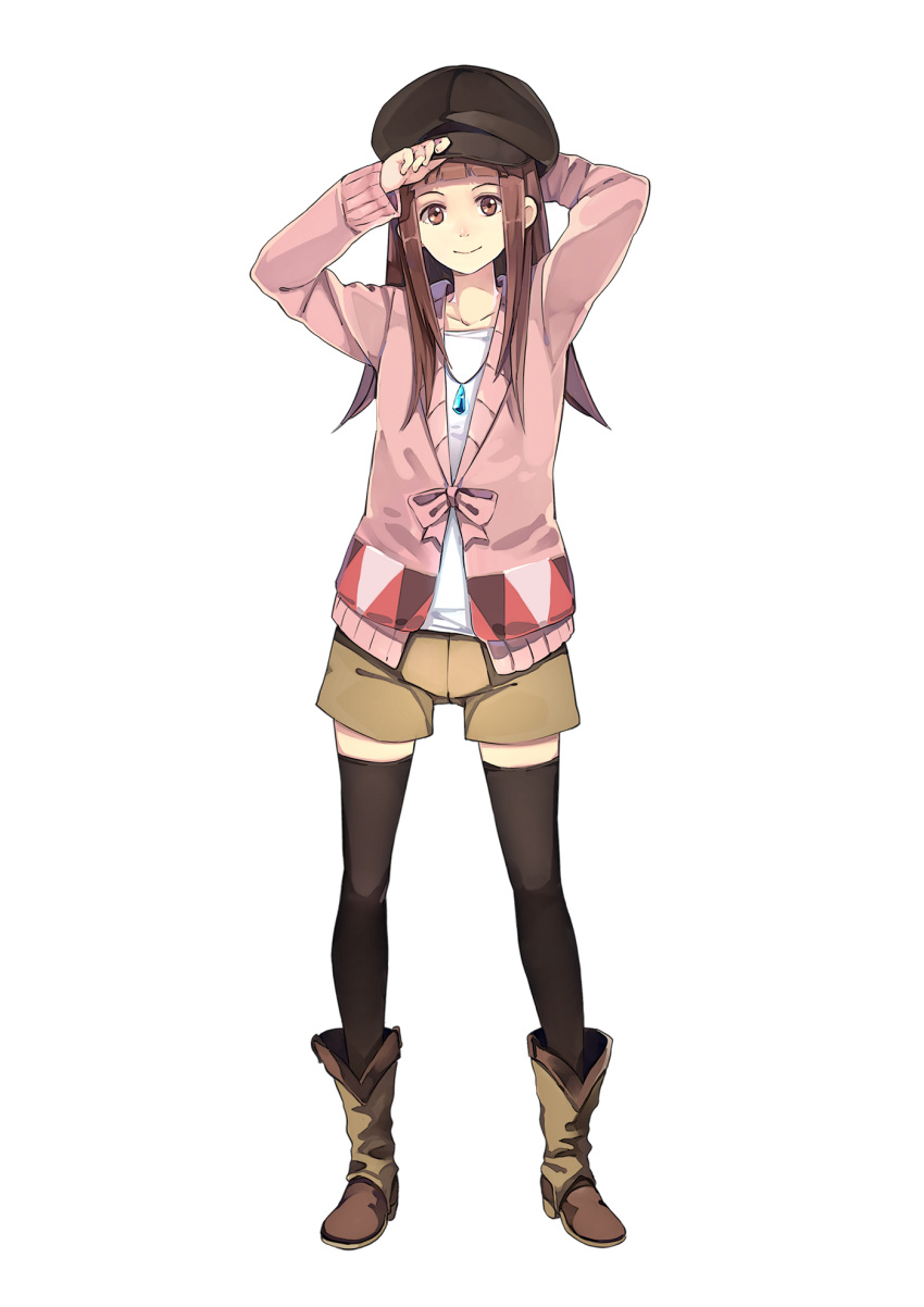 1girl adjusting_clothes adjusting_hat black_legwear blush boots brown_eyes brown_hair ebisugawa_kaisei hao_(patinnko) hat highres jewelry long_hair necklace pendant shorts simple_background solo sweater thighhighs uchouten_kazoku white_background