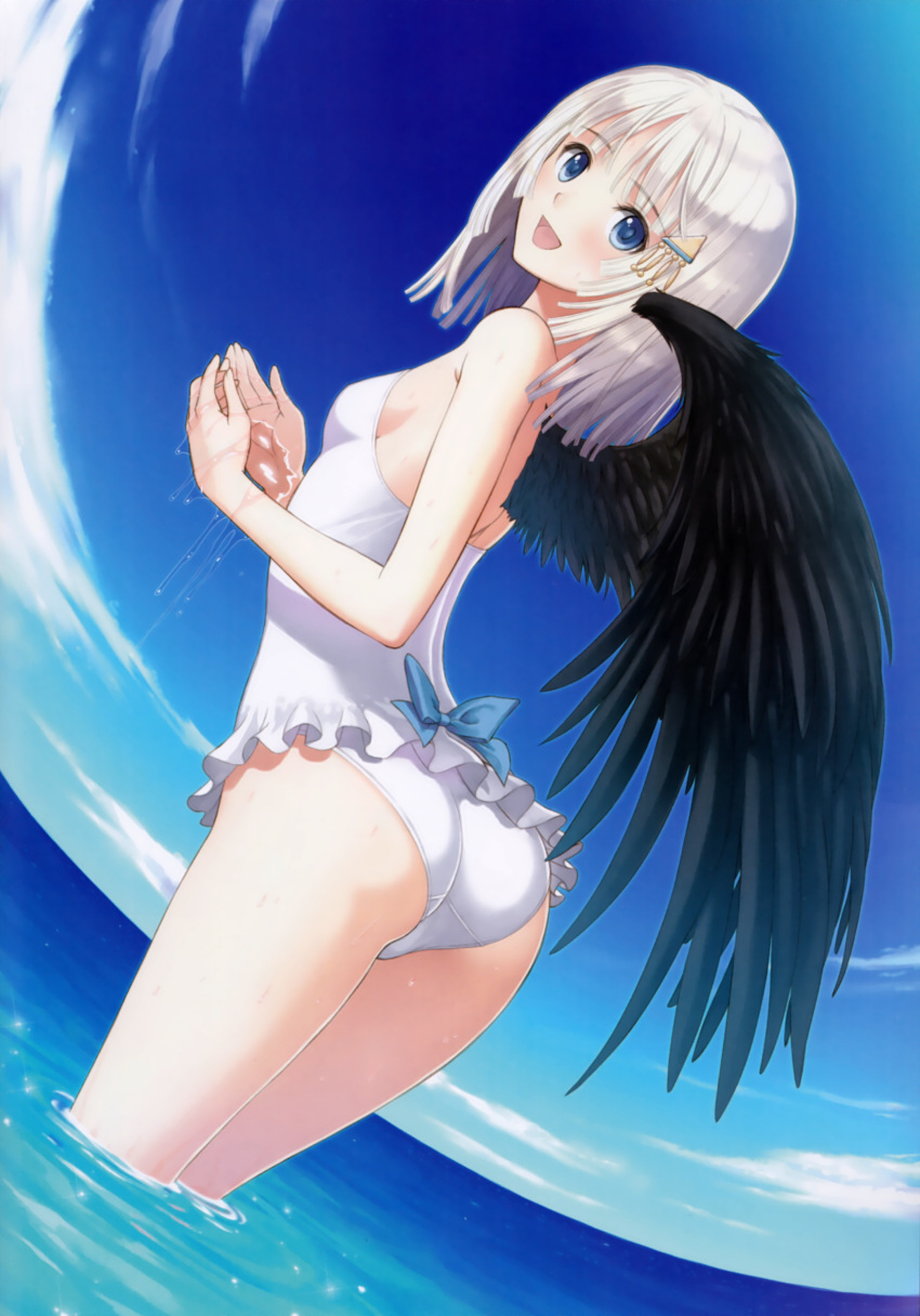 1girl :d absurdres ass bare_shoulders black_wings blue_eyes blue_sky cupping_hands dutch_angle hair_ornament highres looking_back one-piece_swimsuit open_mouth panis_angelicus scan shining_ark single_wing sky smile solo strapless swimsuit taka_tony tanaka_takayuki wading water wet white_hair white_swimsuit wings