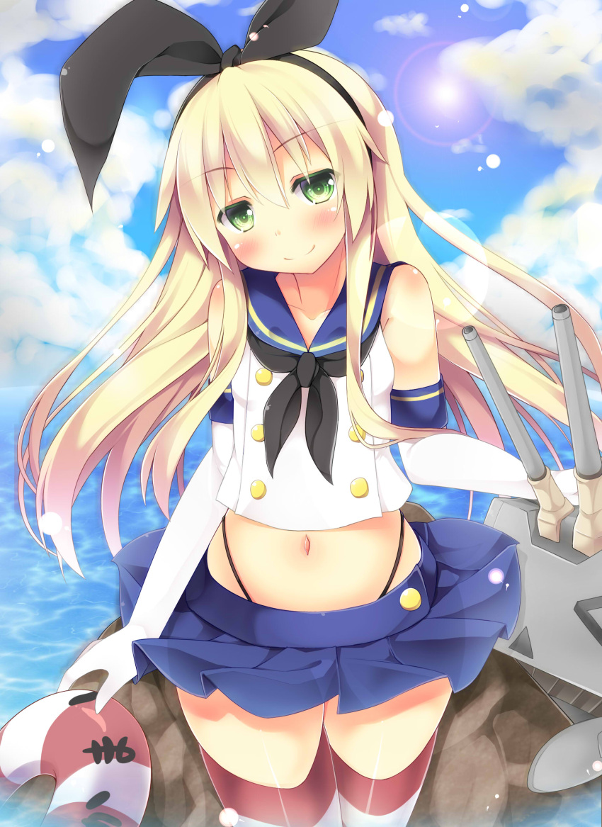 &gt;_&lt; 1girl absurdres blonde_hair blush breasts elbow_gloves gloves green_eyes hair_ribbon highres kantai_collection long_hair looking_at_viewer microskirt midriff navel panties personification rensouhou-chan ribbon shimakaze_(kantai_collection) skirt solo striped striped_legwear thighhighs underwear