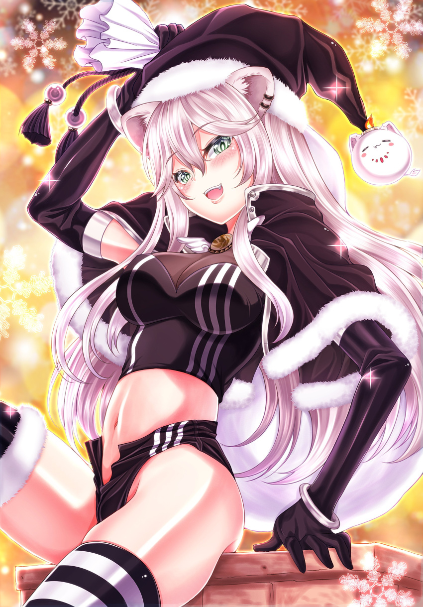 1girl absurdres ahoge animal_ears bangs black_capelet black_gloves blush breasts capelet crop_top ear_piercing elbow_gloves eyebrows_visible_through_hair fang fur-trimmed_capelet fur-trimmed_legwear fur_trim gloves grey_eyes grey_hair hair_between_eyes hasa_west hat highres hololive large_breasts lion_ears lion_girl long_hair looking_at_viewer navel open_mouth piercing santa_costume santa_hat shishiro_botan sidelocks smile solo thigh-highs virtual_youtuber