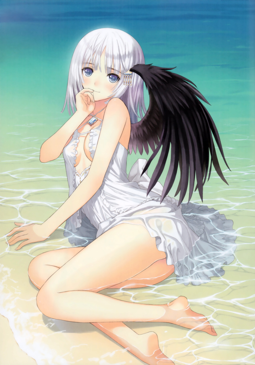 1girl absurdres bare_legs bare_shoulders barefoot beach black_wings blue_eyes breasts brooch cleavage criss-cross_halter dress hair_ornament halter_top halterneck hand_to_own_mouth highres jewelry light_smile long_hair looking_at_viewer panis_angelicus scan see-through shining_ark single_wing sitting solo taka_tony tanaka_takayuki water wet wet_clothes white_dress white_hair wings