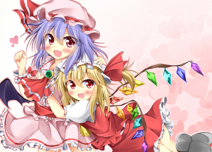 2girls bat_wings blonde_hair blue_hair fang flandre_scarlet hat hat_ribbon heart hug hug_from_behind kuzumomo mob_cap multiple_girls open_mouth puffy_sleeves red_eyes remilia_scarlet ribbon shirt short_hair short_sleeves siblings side_ponytail sisters skirt skirt_set touhou vest wings